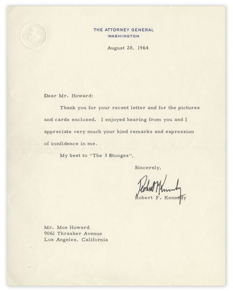 Robert F. Kennedy Letter Signed to Moe Howard, Dated August 1964 as Attorney General -- ''My best to 'The 3 Stooges''' -- 7'' x 9'', Near Fine Condition